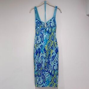 Zara Blue & Green Abstract Swirl Pattern Cutout Midi Dress - Small